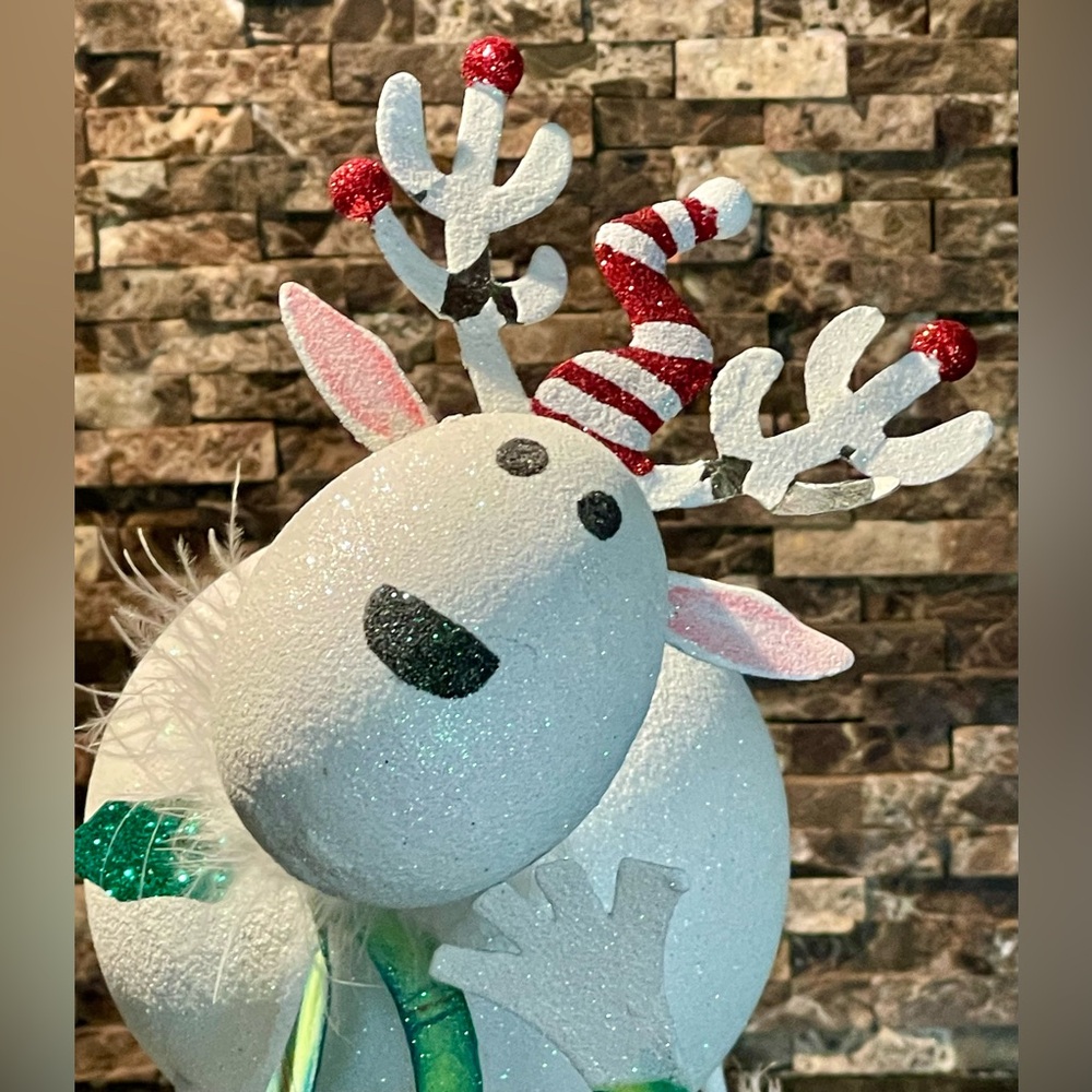 Pier 1 White Glitter Reindeer with Santa Hat & Boots Green Scarf Christmas decor - Picture 9 of 11